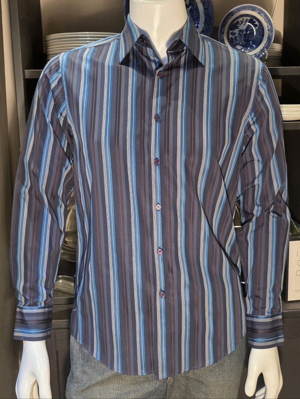INC International Concepts Men's Multi-Stripe Button-Down Shirt in Blue and Gray